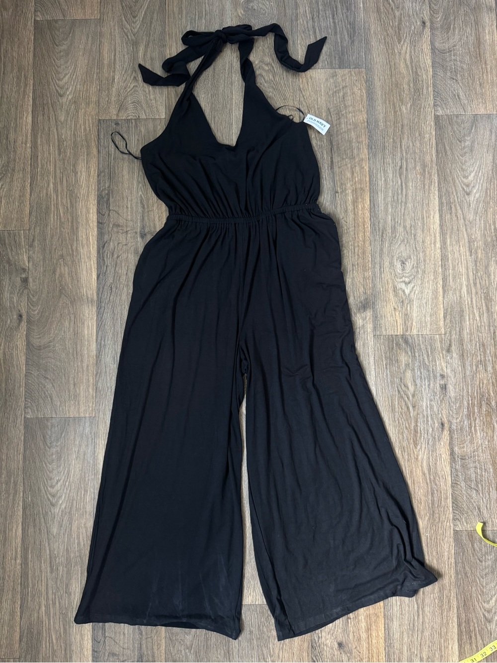 Old Navy Black Jersey Halter V-Neck Tie Wide-Leg Stretch Jumpsuit Rayon L